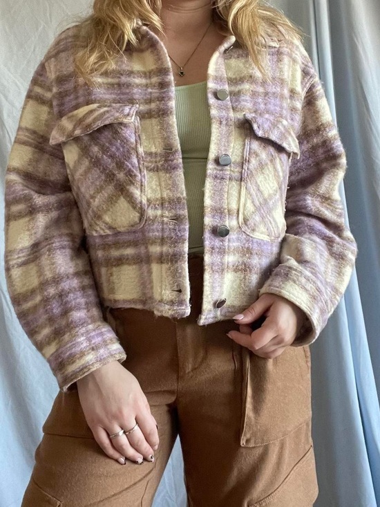 Zara Jackets & Blazers - Zara Lavender & Cream Plaid Cropped Shacket